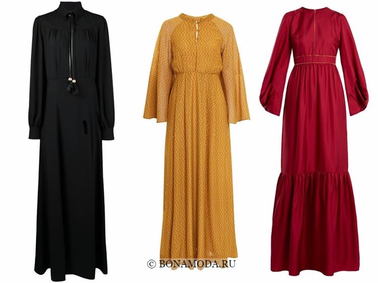 Модные вечерние платья 2018 - длинный рукав - черное, горчичное и красное