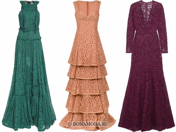 Модные вечерние платья 2018 - кружевные - зеленое, бежевое и винно-сливовое