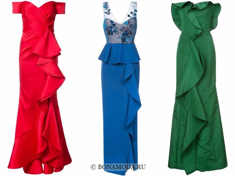 Модные вечерние платья 2018 - красное, синее и зеленое с воланами 