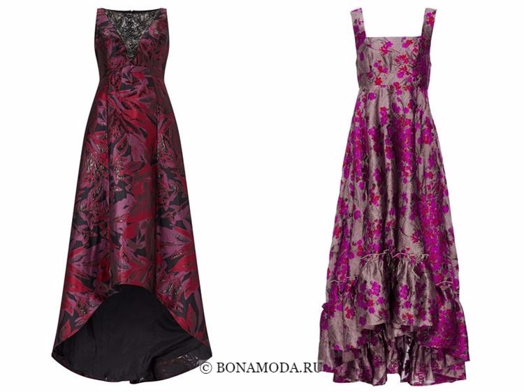 Модные вечерние платья 2018 - бордовое и малиновое с цветочным принтом маллет