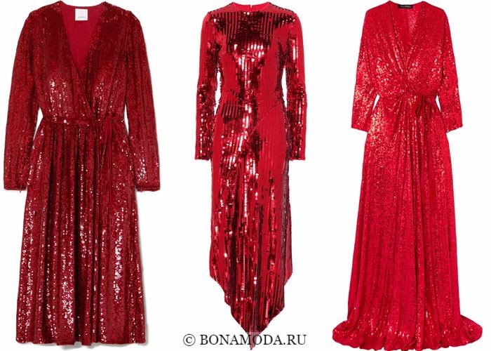 Блестящие платья со сверкающими пайетками 2018 - красные, миди, с запахом