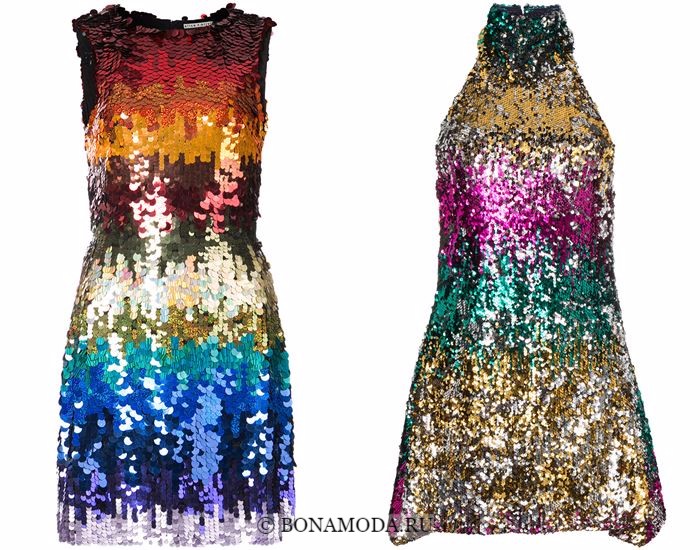 Блестящие платья со сверкающими пайетками 2018 - коктейльные разноцветные с полоской деграде
