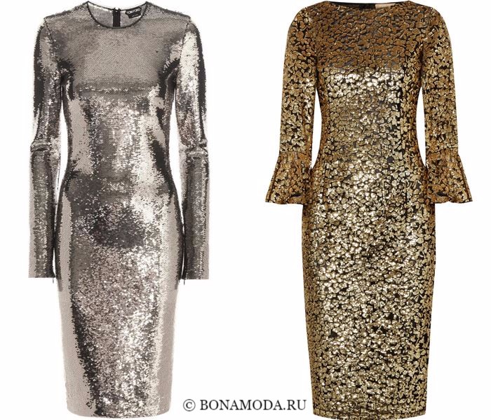 Блестящие платья со сверкающими пайетками 2018 - золотые модели-карандаш с длинными рукавами