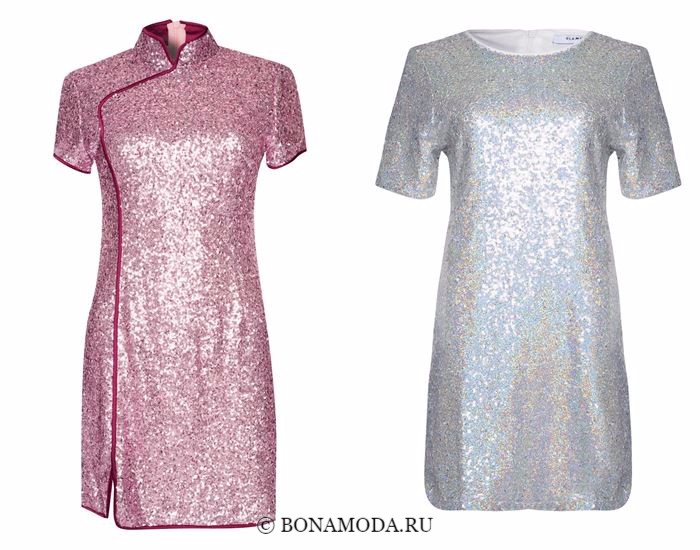 Блестящие платья со сверкающими пайетками 2018 - розовое и серебряное с короткими рукавами