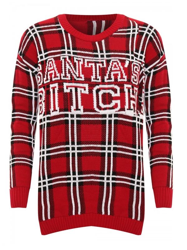 Зимние новогодние свитера с принтами 2018 - красный клетчатый с надписью 