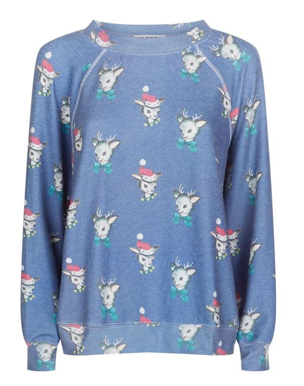 Зимние новогодние свитера с принтами 2018 - голубой с рисунками оленями