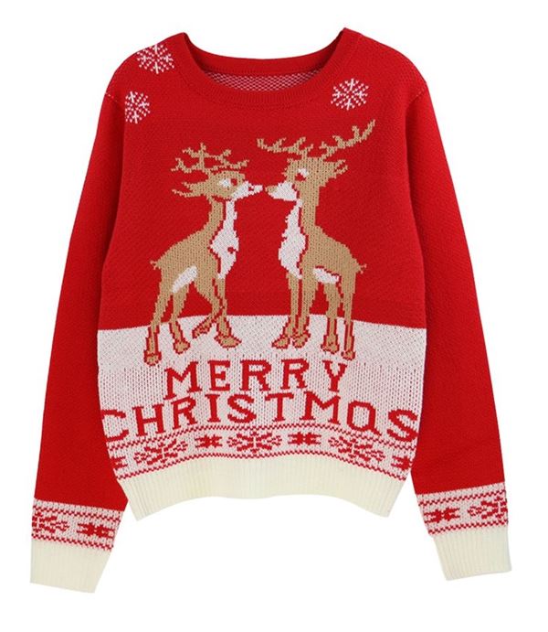 Зимние новогодние свитера с принтами 2018 - красный рождественский с оленями 