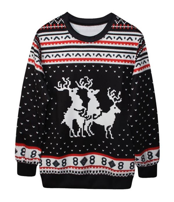 Зимние новогодние свитера с принтами 2018 - черный с оленями и орнаментом