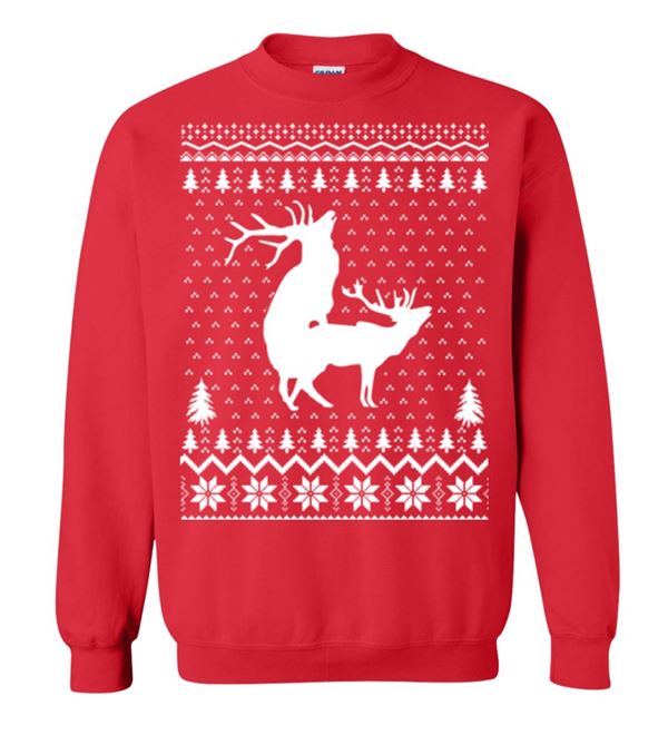 Зимние новогодние свитера с принтами 2018 - красный свитшот с оленями 