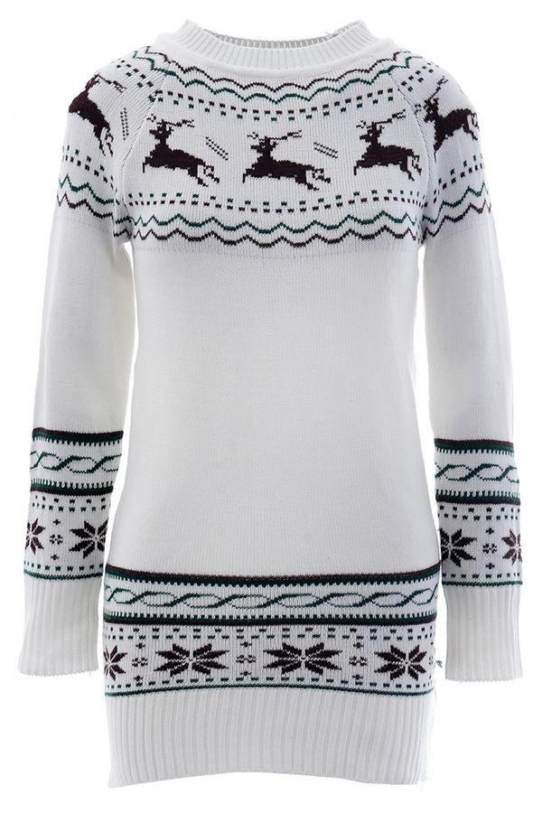 Зимние новогодние свитера с принтами 2018 - длинный белый с черными орнаментом с оленями