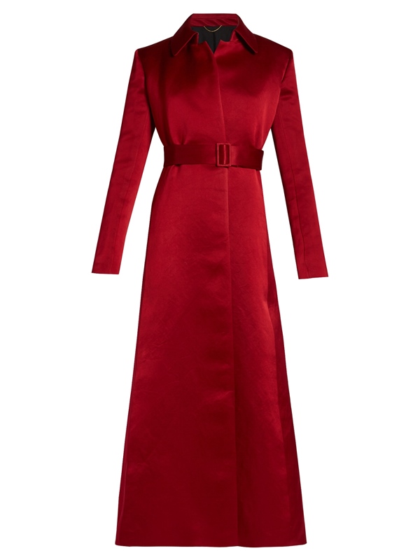 Красные пальто 2018 - Длинное приталенное атласное пальто с поясом The Row 