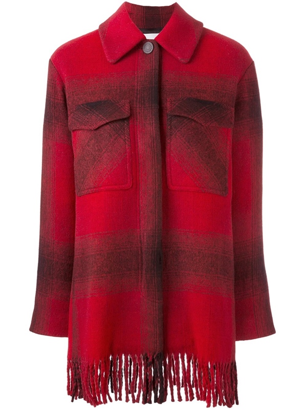 Красные пальто 2018 - клетчатое пальто-рубашка с бахромой и накладными карманами T by Alexander Wang 