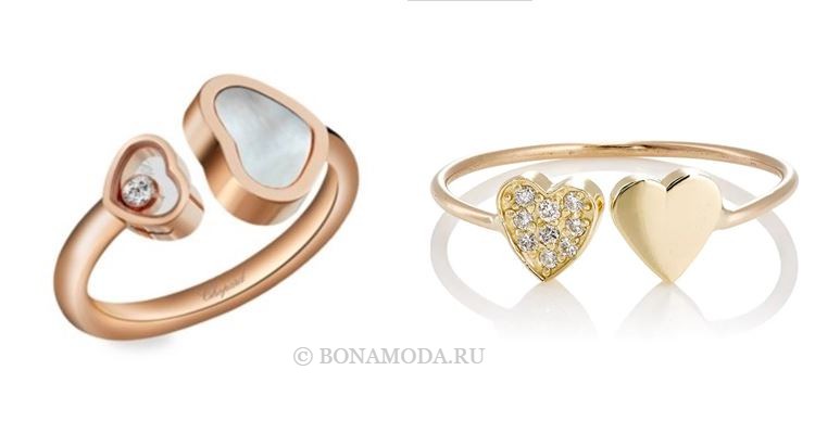 Модные женские кольца 2018 - золотые кольца с сердечками, бриллиантами и жемчугом