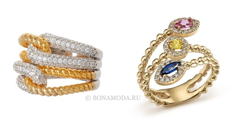 Модные женские кольца 2018 - многорядные кольца- из жёлтого золота с камнями