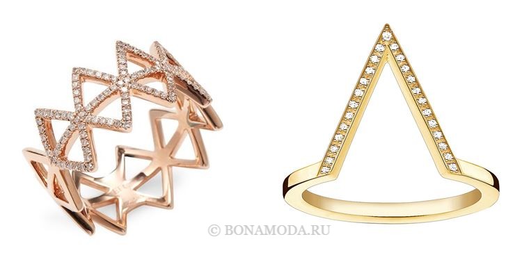Модные женские кольца 2018 - золотые кольца-треугольники с бриллиантами