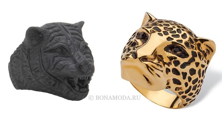 Модные женские кольца 2018 - крупные кольца с головой тигра и леопарда