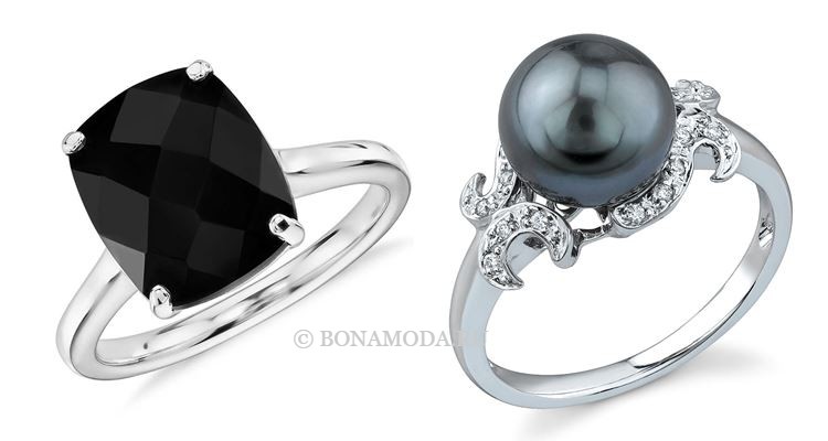Модные женские кольца 2018 - кольца из белого золота и серебра с чёрными камнями