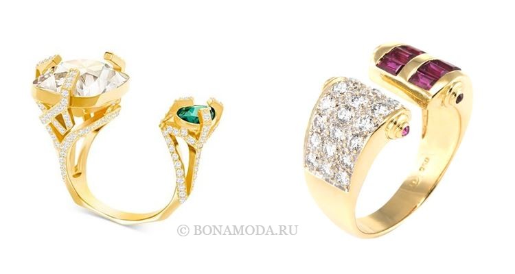 Модные женские кольца 2018 - разомкнутые кольца с разноцветными камнями и бриллиантами