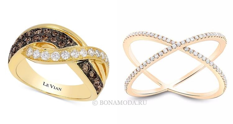 Модные женские кольца 2018 - золотые кольца крест-накрест с бриллиантами