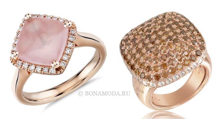 Модные женские кольца 2018 - коктейльные кольца из розового золота с кварцем и цирконами