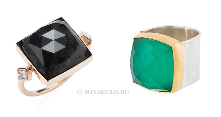 Модные женские кольца 2018 - прямоугольные коктейльные кольца с черными и зелёными камнями