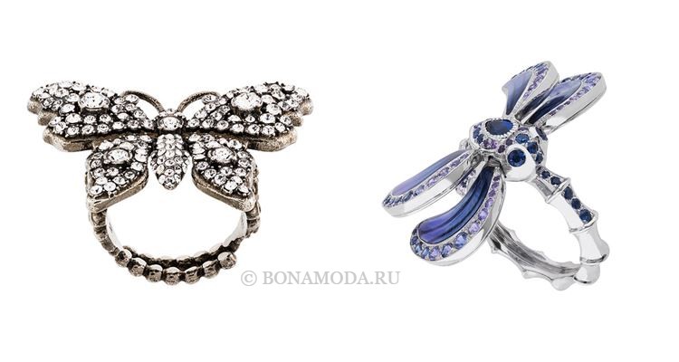 Модные женские кольца 2018 - кольца бабочки и стрекозы 
