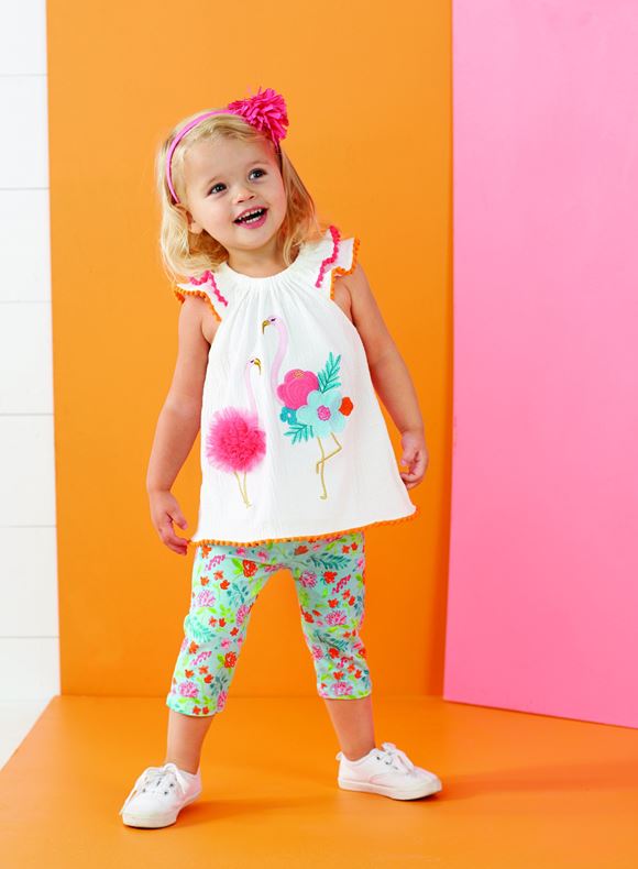 Детские платья для маленьких девочек 3 лет на лето-2018 - белое платье-трапеция с рисунком фламинго