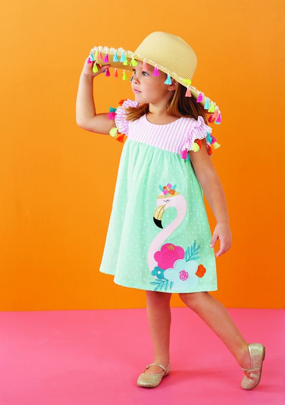 Детские платья для маленьких девочек 3 лет на лето-2018 - мятно-розовое платье с рисунком фламинго Mud Pie 