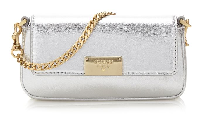 Сумки Guess Luxe весна-лето 2018 - серебряная сумочка-клатч на ручке-цепочке