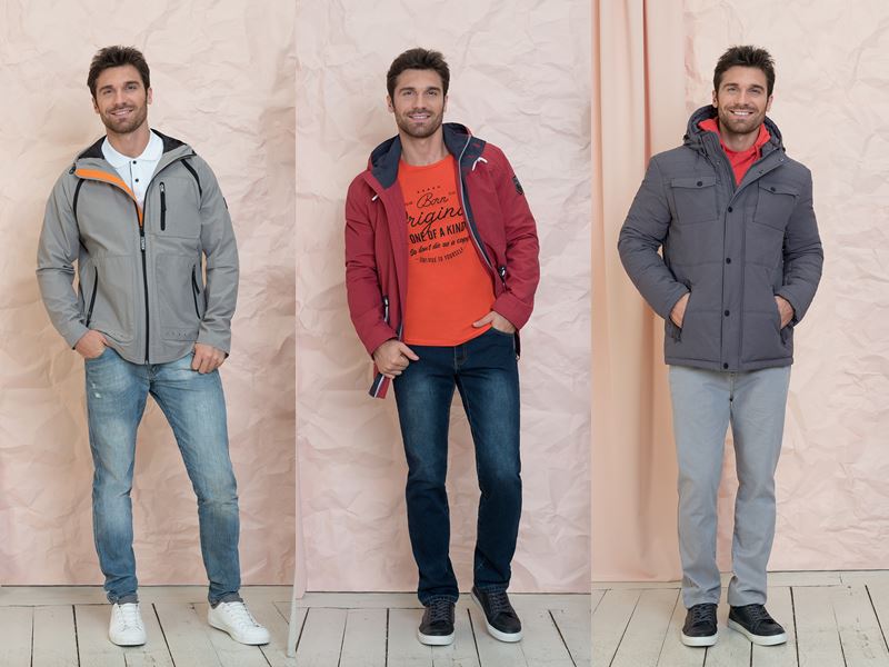 Мужская коллекция BAON весна-лето 2018 - джинсы и брюки с серыми и красными куртками