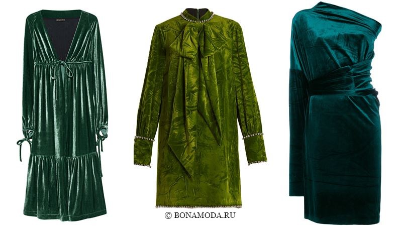 Цвета бархатных платьев 2018 - Коктейльные зелёные платья с длинными рукавами