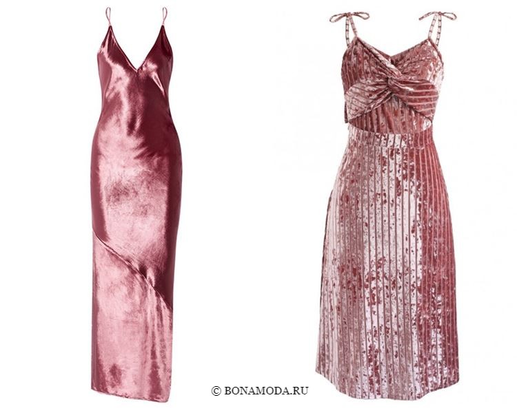 Цвета бархатных платьев 2018 - Коктейльное и вечернее розовые платья на тонких бретелях