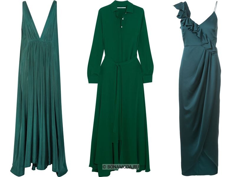 Цвета длинных платьев 2018 - тёмно-зелёные платья