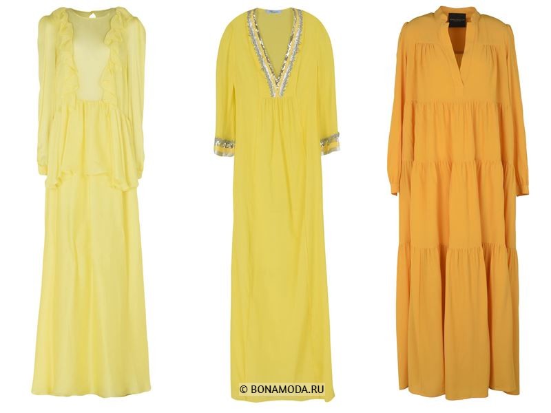 Цвета длинных платьев 2018 - жёлтые платья с длинными рукавами
