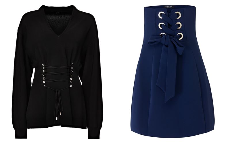 Женская коллекция Marciano Los Angeles весна-лето 2018 - Чёрная блузка и синяя юбка с корсетной шнуровкой
