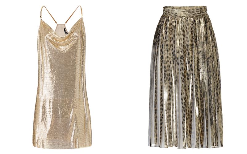 Женская коллекция Marciano Los Angeles весна-лето 2018 - Золотое платье и плиссированная леопардовая юбка