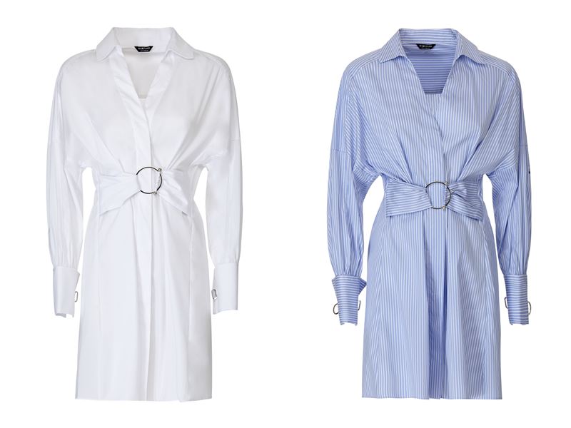 Женская коллекция Marciano Los Angeles весна-лето 2018 - Белое и голубое платья-рубашки с поясом