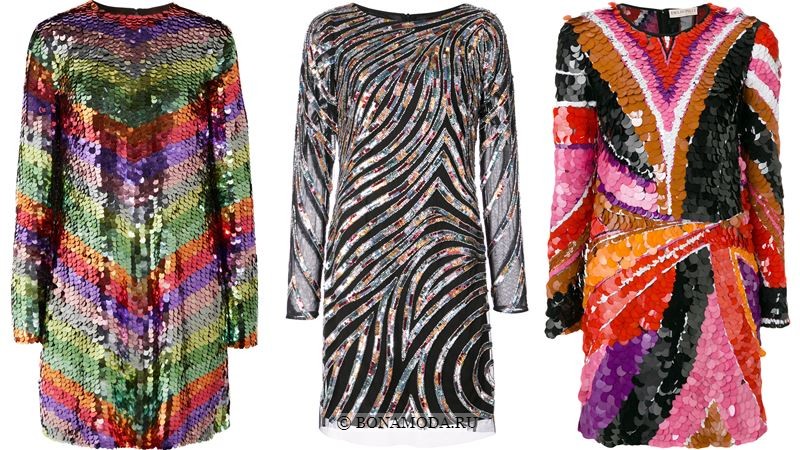 Модные короткие платья 2018 - Блестящие разноцветные платья с крупными пайетками