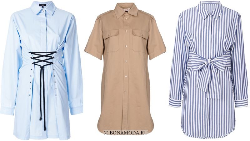 Модные короткие платья 2018 - Голубые и бежевые платья-рубашки