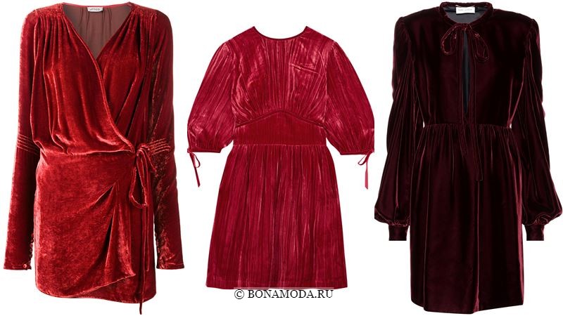 Модные короткие платья 2018 - красные бархатные с драпировками