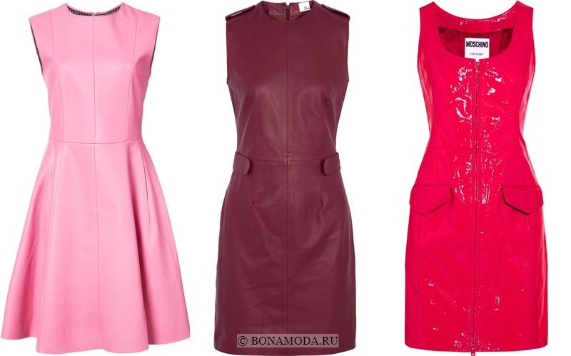 Модные короткие платья 2018 - Кожаные платья без рукавов в оттенках розового и бордового
