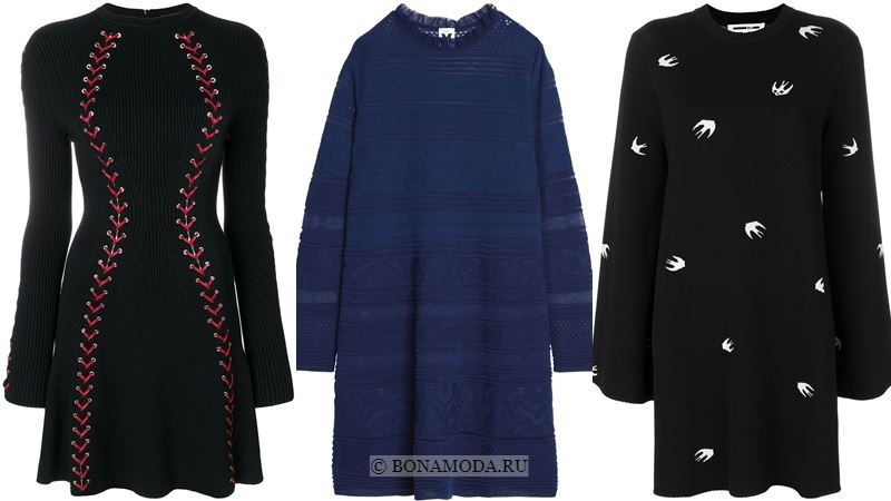 Модные короткие платья 2018 - чёрные и синие платья-свитер с длинными рукавами 
