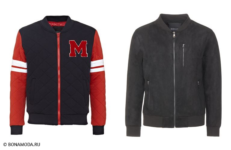 Мужская коллекция Marciano Los Angeles весна-лето 2018 - куртки-бомберы: красно-чёрная стёганая и чёрная замшевая 