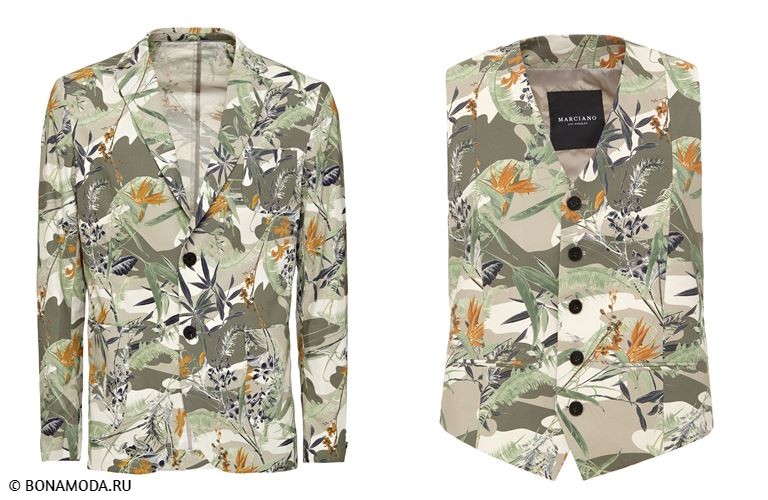 Мужская коллекция Marciano Los Angeles весна-лето 2018 - пиджак и жилет с тропическим принтом оттенка хаки