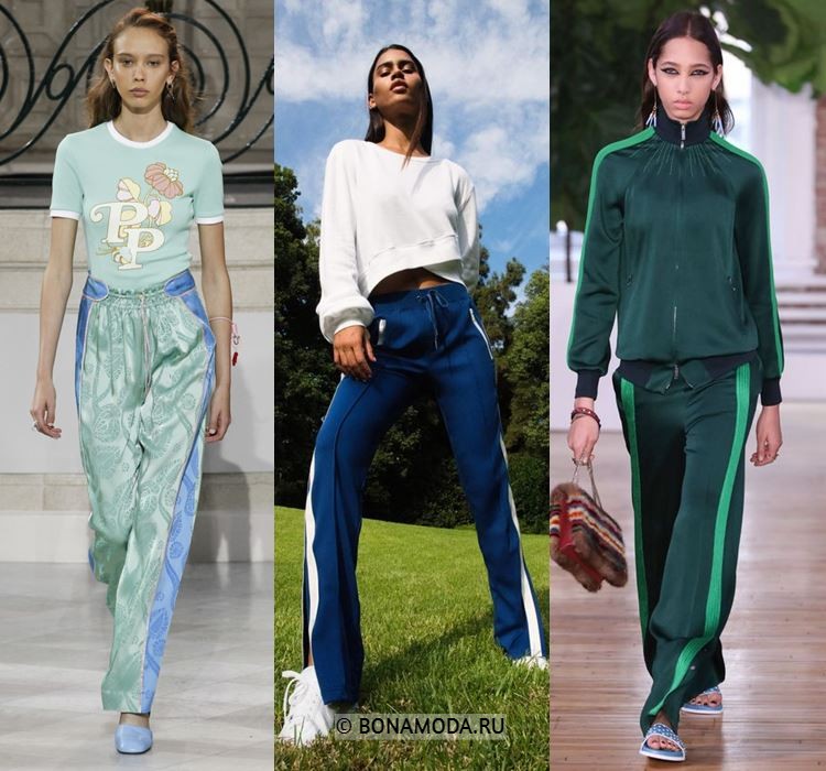 Женские брюки весна-лето 2018 - Синие и зелёные спортивные брюки с лампасами