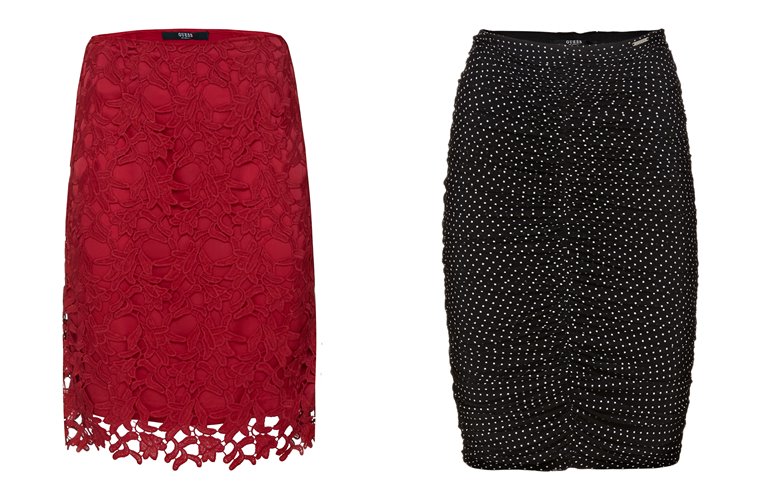 Женская коллекция Guess весна-лето 2018 - красная кружевная и черная юбка в горошек