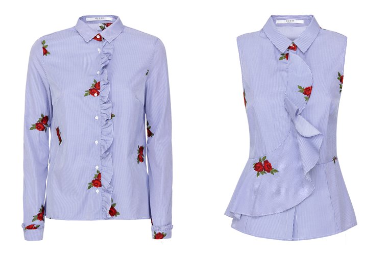 Женская коллекция Guess весна-лето 2018 - сиреневые рубашка и блузка с воланами