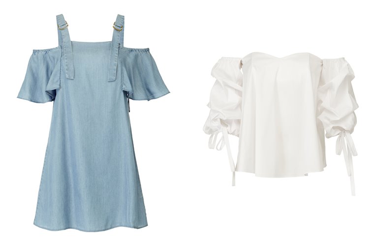 Женская коллекция Guess весна-лето 2018 - голубая и белая блузка с открытыми плечами