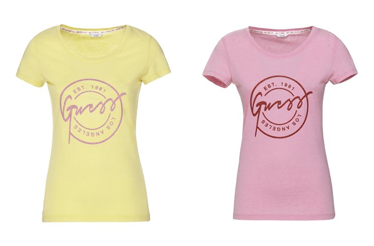 Женская коллекция Guess весна-лето 2018 - желтая и розовая футболки с логотипом 