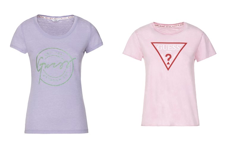 Женская коллекция Guess весна-лето 2018 - сиреневая и розовая футболки с логотипом 